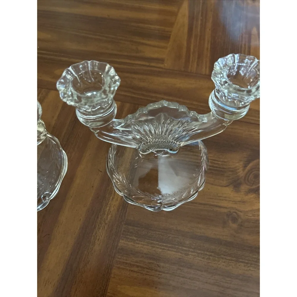 Pair Vintage Jeannette Glass Sunburst Herringbone Taper Candlestick Holder Clear